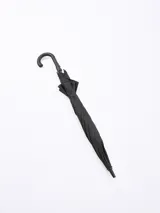 Paraguas negro con varillas metálicas y mango curvo.