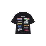 Remera negra de corte oversized con múltiples estampados gráficos coloridos en la espalda y mangas cortas.