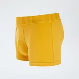 Pack de tres boxers para hombre. Incluye un boxer amarillo liso, un boxer azul marino con estampado de patos amarillos y un boxer azul con estampado de flamencos rosados. Todos tienen cintura elástica con la palabra "ULTIMATE" grabada.