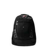 Mochila urbana de color negro con compartimentos organizadores, bolsillos exteriores de acceso rápido y logo distintivo en la parte superior.