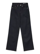Jeans de tiro alto con corte wide leg en color azul oscuro, con costuras contrastantes y diseño clásico de cinco bolsillos.