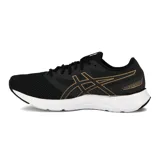 Championes de running Asics modelo Fuzeblast, color negro con detalles en dorado. Presentan capellada de malla transpirable, logo lateral característico y entresuela blanca con amortiguación.