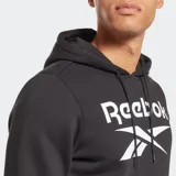 Sudadera con capucha Reebok para hombre, color negro, con el logo de Reebok en blanco en el pecho. Presenta un bolsillo canguro frontal y puños y dobladillo acanalados.