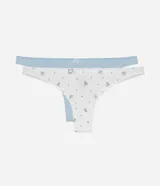 Kit de dos bombachas tipo bikini confeccionadas en algodón con elastano. Una prenda es de color celeste liso y la otra presenta un estampado floral delicado sobre fondo blanco. Ambas cuentan con un pequeño lazo decorativo en la cintura.