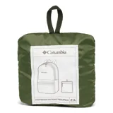 Mochila Columbia de diseño liviano y plegable, color verde militar. Cuenta con un compartimento principal con cierre, un bolsillo frontal para accesorios de acceso rápido, asa superior de agarre y correas de hombro ajustables.
