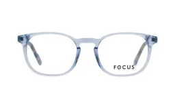 Lentes de receta con armazón de acetato traslúcido en color celeste, de diseño redondeado y estilo minimalista.