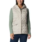 Chaleco Columbia Delta Ridge II Down color gris, con capucha, diseño capitonado sin costuras HeatSeal y bolsillos laterales con cierre.
