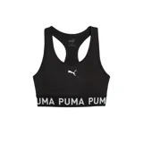 Sujetador deportivo Puma 4Keeps negro con logo blanco en el frente y banda inferior con la inscripción "PUMA PUMA PUM". Diseño de espalda deportiva y almohadillas removibles.