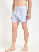 Bóxer suelto de popelina de algodón a rayas verticales celestes y blancas, con cintura elástica celeste con logo Calvin Klein.