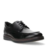 Zapato de vestir tipo derby para hombre, confeccionado en cuero negro con acabado texturizado y liso en la puntera. Presenta cordones al tono y suela de goma con detalle de vira en color marrón.