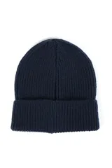 Gorro tipo beanie de tejido acanalado en color negro, con etiqueta frontal de la marca Feel Good.