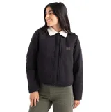 Campera estilo trucker color negro, con cuello de corderito blanco y cierre frontal con botones. Presenta un diseño de corte recto con bolsillos frontales y forro interior de polar.