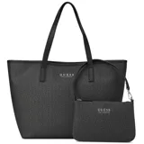 Cartera tipo tote bag Guess modelo Keira, color negro con estampado monograma de la marca, doble asa superior y herrajes plateados. Incluye una pequeña cartera de mano a juego con correa de muñeca.