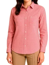 Camisa de manga larga a rayas verticales azules y blancas, confeccionada en algodón.