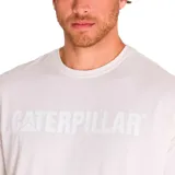 Remera blanca de algodón con cuello redondo y logo de Caterpillar estampado en el pecho.