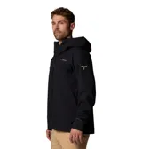 Campera impermeable Columbia de la línea Titanium, color negro, con capucha fija, cierre frontal revestido de PU, bolsillos laterales con cremallera y puños ajustables. Diseño técnico con costuras selladas y tecnología Omni-TECH.