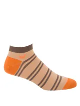 Calcetín corto de fibra de bambú con diseño de rayas horizontales en tonos marrón y beige, con talón y puntera en color naranja. Incluye logo de pato bordado en el lateral.