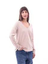 Remera de manga larga con escote en V, confeccionada en tejido de algodón liso.