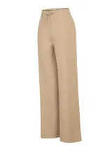 Pantalón largo color beige de tiro alto, corte wide leg con bolsillos frontales aplicados y cordón ajustable en la cintura.