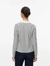 Cardigan de manga larga con cuello camisero y cierre frontal de botones. Presenta un diseño de rayas verticales en contraste y está confeccionado en un tejido con mezcla de poliéster, viscosa y elastano.