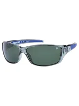 Lentes de sol deportivos Caterpillar de diseño envolvente, con armazón translúcido gris, lentes oscuros polarizados y detalles en azul en las patillas.