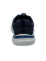 Championes Hush Puppies modelo Alfie Lace, color azul marino con cordones en azul brillante y suela de goma EVA blanca. Presentan un diseño de tela con costuras reforzadas en la puntera y tecnología de confort en la plantilla.