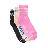 Pack de tres pares de medias de caña media marca Rip Curl. Incluye un par negro con detalle de damero, un par beige con rayas azules y un par rosado con rayas blancas y logo estampado.