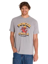 Remera de hombre gris melange con diseño gráfico retro de Caterpillar en el pecho que incluye texto y un personaje animado.