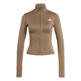 Campera deportiva Adidas Optime Essentials We Zip color beige, de corte entallado con cierre frontal completo y cuello alto. Cuenta con mangas largas y el logo de la marca estampado en blanco en el pecho.