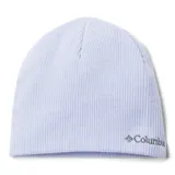 Gorro de lana tejido en punto acanalado, color lila claro, con logo de la marca bordado en la parte inferior.