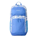 Mochila Rip Curl Chaser de 33 litros de capacidad, en color celeste y blanco con estampado gráfico de la marca. Cuenta con múltiples compartimentos con cierre, bolsillos laterales de red y tiras ajustables.