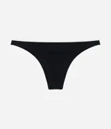 Bombacha de bikini negra con textura, lateral mediano y detalle de bies contrastante en color blanco en la cintura.