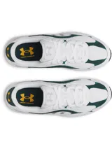 Championes Under Armour Tech Runner, con diseño deportivo de perfil bajo. Presentan una parte superior de malla blanca transpirable con superposiciones de cuero y gamuza en color verde oscuro. Incluyen entresuela de EVA para amortiguación y suela de goma para mayor tracción.