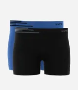 Pack de dos calzoncillos tipo bóxer sin costura, uno negro y uno azul. Ambos tienen cintura elástica con la marca Lupo y detalles de rayas horizontales en la banda superior.
