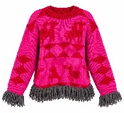 Sweater de lana merino tejido a mano con diseño geométrico y figuras de llamas, corte holgado con cuello redondo y flecos decorativos en el ruedo.