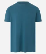 Remera básica de corte regular para hombre, color azul, confeccionada en algodón sostenible, con mangas cortas y cuello redondo.