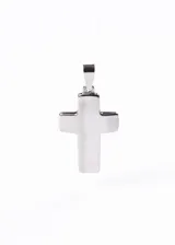 Dije de acero quirúrgico plateado con forma de cruz bombé.