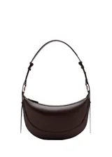 Bolso mediano de diseño ovalado, color marrón oscuro, con asa de hombro ajustable y cierre de cremallera.