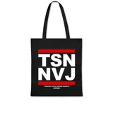 Tote bag de tela color negro con estampado frontal en blanco y rojo que incluye las siglas TSN NVJ y la frase Straight Outta Tristan Narvaja.