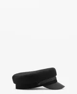 Gorro estilo baker boy de color negro, con diseño rígido y visera combinada en material sintético.