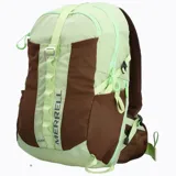Mochila de 22 litros con diseño técnico, combinando paneles en color verde menta y marrón. Cuenta con respaldo acolchado, bolsillos laterales para botellas, cinta central tipo daisy chain y correas ajustables con silbato de emergencia.