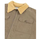 Campera de pana color marrón claro con cuello de corderito en tono contrastante. Presenta cierre frontal completo, dos bolsillos con solapa y botones en el pecho, y dos bolsillos laterales. Posee un diseño de corte holgado con puños y ruedo acanalados.