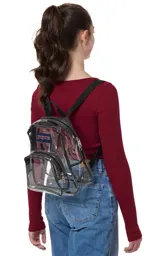 Mochila mini transparente de la marca JanSport con ribetes y correas en color lila pastel. Cuenta con un compartimento principal y un bolsillo frontal con cierre.