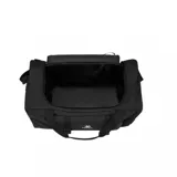 Bolso deportivo Kelme color gris claro con base negra, asas de mano y correa ajustable para el hombro. Cuenta con un bolsillo frontal con solapa, hebillas plásticas y logo impreso de la marca con una huella.