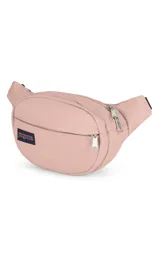 Riñonera negra de la marca JanSport, modelo Fifth Avenue, con parche frontal de la marca y cierres metálicos.