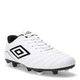 Championes de fútbol 11 Umbro modelo Classico III HG, color blanco con detalles en negro. Presentan diseño clásico con costuras reforzadas en la puntera, cierre de cordones y suela con tapones para césped natural.