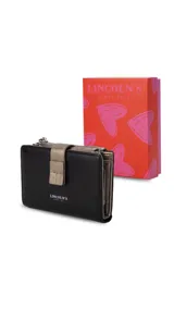 Billetera Lincoln's modelo Simona, color negro con detalles dorados, cierre de presilla con broche y compartimentos con cremallera.