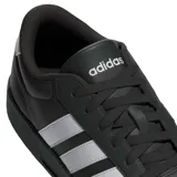Championes urbanos Adidas modelo Breaknet 3.0, color negro con las tres bandas laterales en blanco. Presentan un diseño inspirado en el tenis con capellada sintética y suela de goma.