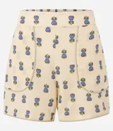 Short de tiro alto confeccionado en mezcla de viscosa y lino, con estampado de piñas pequeñas. Presenta bolsillos frontales redondeados y cintura con elástico en la parte posterior.