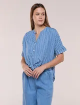 Blusa de silueta amplia de lyocell color azul con diseño de rayas verticales blancas. Cuenta con cuello mao abierto, abotonadura frontal, mangas cortas caídas y lazos en el ruedo para anudar al frente.